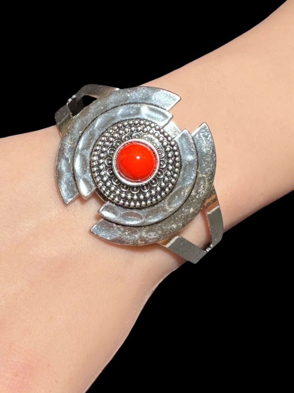 Southwestern Boho Cuff Bracelet Silver Tone Red Orange Center Womens Jewelry